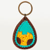 LC-ADKR185 Hand-Tooled Leather Keyring Teardrop with Dual Sunflower & Turquoise Inlay