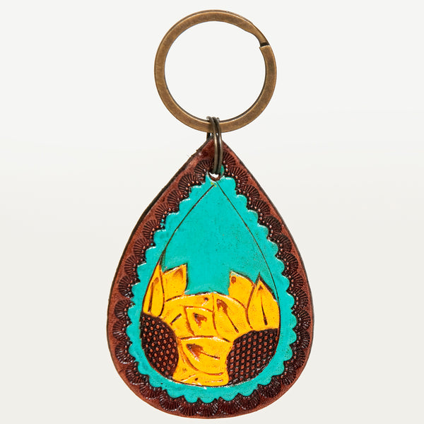LC-ADKR185 Hand-Tooled Leather Keyring Teardrop with Dual Sunflower & Turquoise Inlay