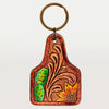 ADKR188 Hand-Tooled Leather Sunflower Keyring Western Floral Scroll Design