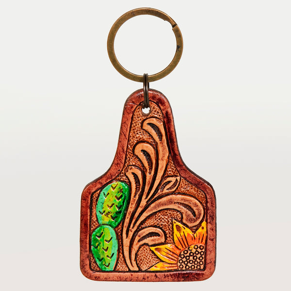 ADKR188 Hand-Tooled Leather Sunflower Keyring Western Floral Scroll Design