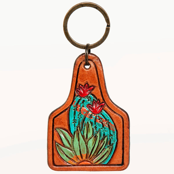 ADKR189 Hand-Tooled Leather Sunflower Keyring Western Floral Scroll Design