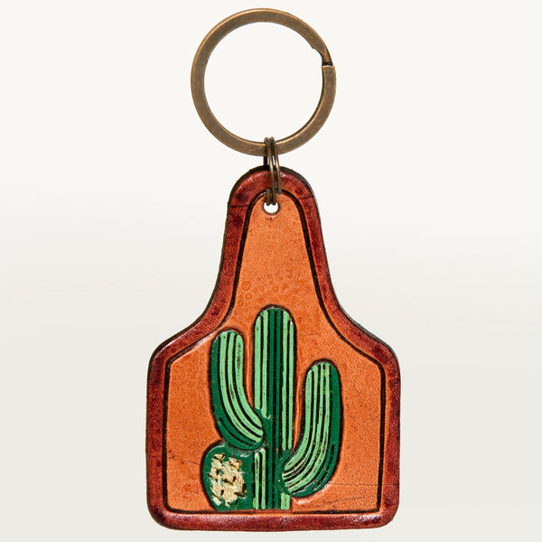LC-ADKR190 Hand-Tooled Leather Cactus Keyring Western Desert Design