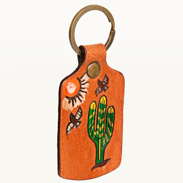 LC-ADKR192 Hand-Tooled Leather Keyring Desert Scene with Cactus, Sun & Butterflies
