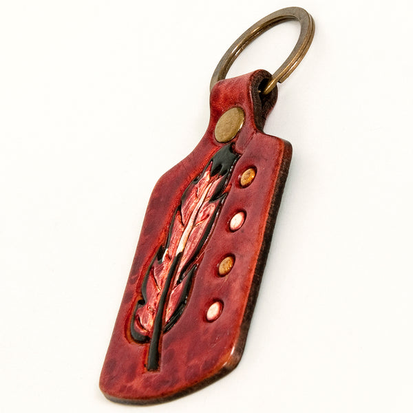 LC-ADKR193 Hand-Tooled Leather Keyring Red Feather Design with Western Accents