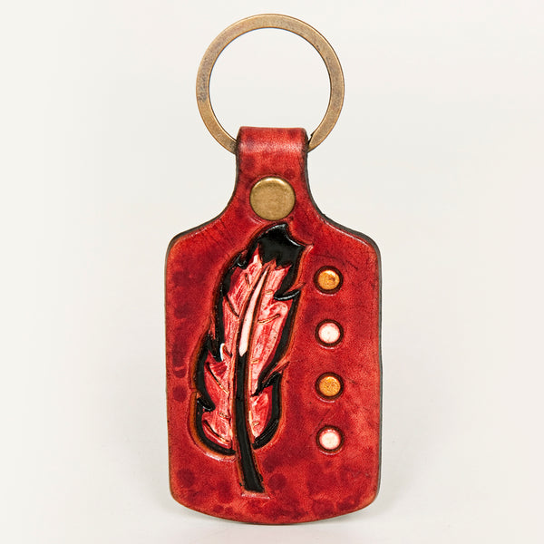 LC-ADKR193 Hand-Tooled Leather Keyring Red Feather Design with Western Accents