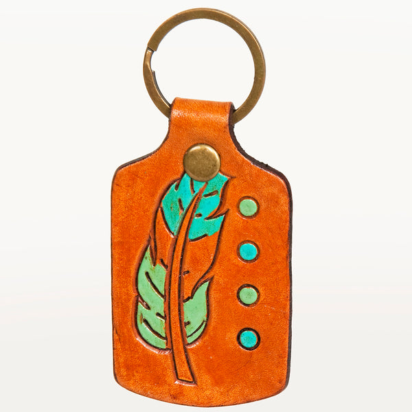 LC-ADKR194 Hand-Tooled Leather Feather Keyring Turquoise & Green with Dot Accents
