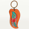 LC-ADKR196 Hand-Tooled Leather Feather Keyring Freeform Shape with Turquoise & Red Accents