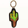 LC-ADKR197 Hand-Tooled Leather Cactus Keyring Bright Green with Yellow Floral Accents
