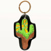 LC-ADKR197 Hand-Tooled Leather Cactus Keyring Bright Green with Yellow Floral Accents