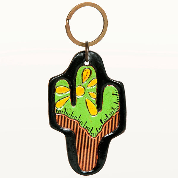 LC-ADKR197 Hand-Tooled Leather Cactus Keyring Bright Green with Yellow Floral Accents