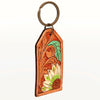 ADKR199 Hand-Tooled Leather Keyring White Sunflower with Green Leaf & Western Scrolls