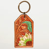 ADKR199 Hand-Tooled Leather Keyring White Sunflower with Green Leaf & Western Scrolls