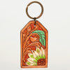 ADKR199 Hand-Tooled Leather Keyring White Sunflower with Green Leaf & Western Scrolls