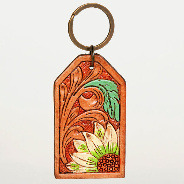 ADKR199 Hand-Tooled Leather Keyring White Sunflower with Green Leaf & Western Scrolls