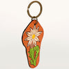 LC-ADKR200 Hand-Tooled Leather Keyring White Sunflower with Green Leaf & Western Scrolls