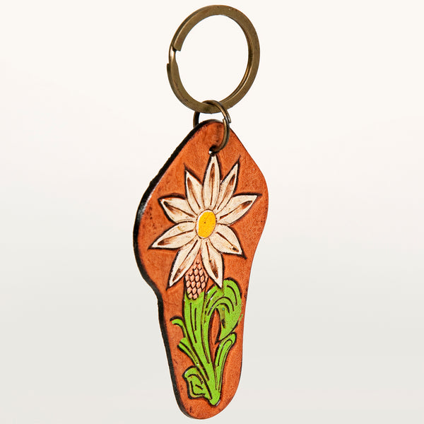 LC-ADKR200 Hand-Tooled Leather Keyring White Sunflower with Green Leaf & Western Scrolls