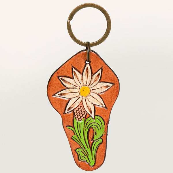LC-ADKR200 Hand-Tooled Leather Keyring White Sunflower with Green Leaf & Western Scrolls