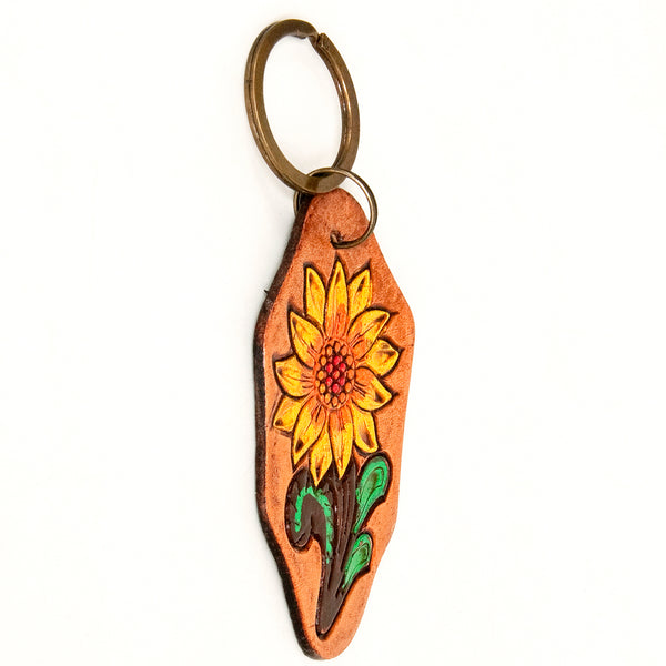 LC-ADKR201 Hand-Tooled Leather Sunflower Keyring Freeform Shape with Bold Yellow Petals