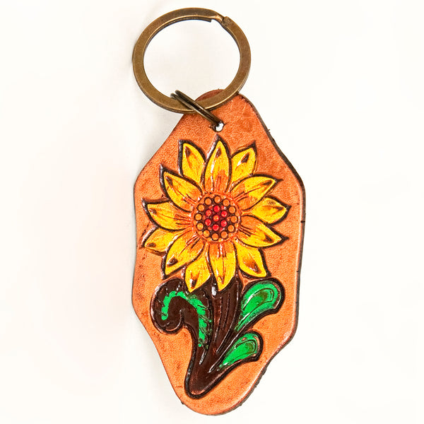 LC-ADKR201 Hand-Tooled Leather Sunflower Keyring Freeform Shape with Bold Yellow Petals