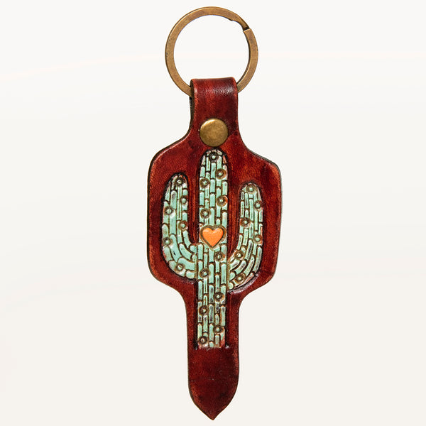 ADKR202 Hand-Tooled Leather Cactus Keyring Turquoise Mosaic with Heart Detail