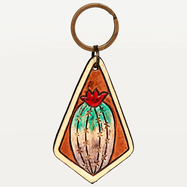 ADKR203 Hand-Tooled Leather Keyring Diamond Shape with Blooming Barrel Cactus