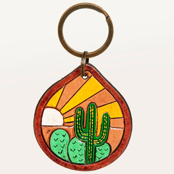 ADKR204 Hand-Tooled Leather Keyring Desert Sunrise with Cactus Scene