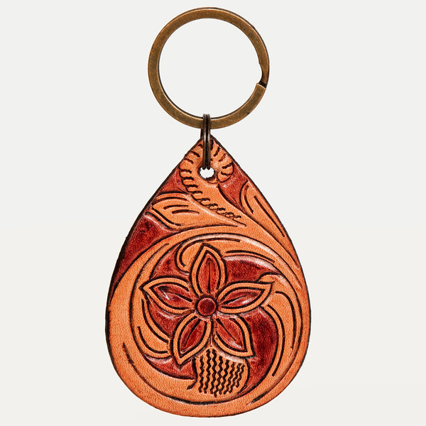 LC-ADKR205 Hand-Tooled Leather keyring Teardrop with Western Floral Scrollwork