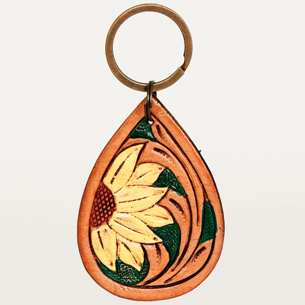 LC-ADKR206 Hand-Tooled Leather Keyring Teardrop with Western Floral Scrollwork