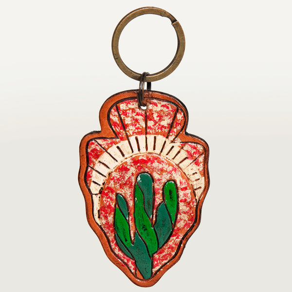 LC-ADKR207 Hand-Tooled Leather Keyring Arrowhead Shape with Green Cactus & Red Speckled Background