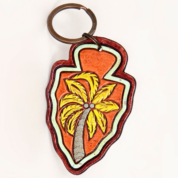 LC-ADKR208 Hand-Tooled Leather Keyring Arrowhead Shape with Green Cactus & Red Speckled Background