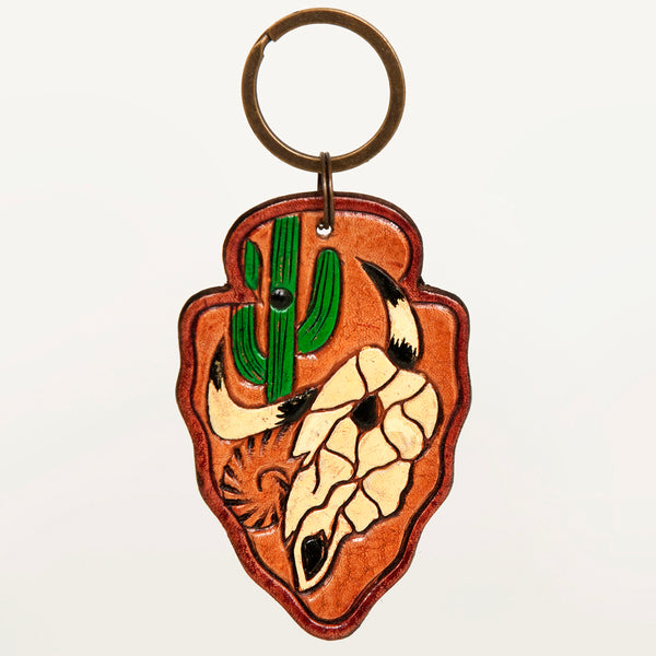 ADKR209 Hand-Tooled Leather Keyring Arrowhead Shape with Green Cactus & Red Speckled Background