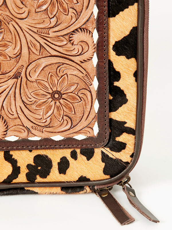 ADBGA227 American Darling Leopard Cowhide Tooled Leather Whipstitched Jewelry Case