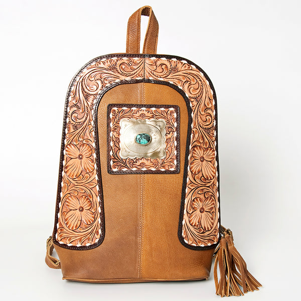 ADBGA235A American Darling Hand Tooled Genuine Leather Backpack Turquoise Concho