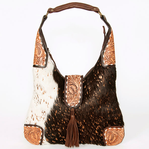 ADBGA237 American Darling Cowhide Patchwork & Tooled Leather Hobo Shoulder Bag Tassel Accent