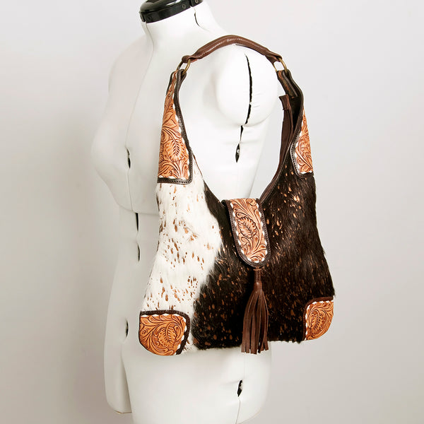 ADBGA237 American Darling Cowhide Patchwork & Tooled Leather Hobo Shoulder Bag Tassel Accent