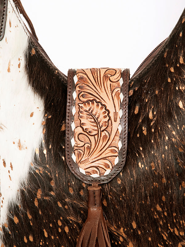 ADBGA237 American Darling Cowhide Patchwork & Tooled Leather Hobo Shoulder Bag Tassel Accent