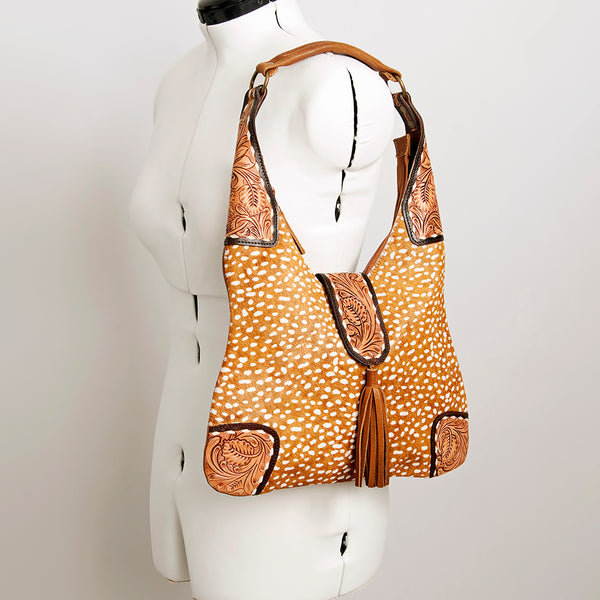 ADBGA237 American Darling Cowhide Patchwork & Tooled Leather Hobo Shoulder Bag Tassel Accent