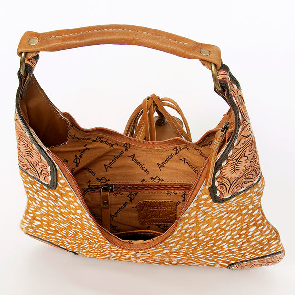 ADBGA237 American Darling Cowhide Patchwork & Tooled Leather Hobo Shoulder Bag Tassel Accent