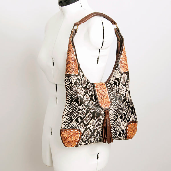 ADBGA237 American Darling Cowhide Patchwork & Tooled Leather Hobo Shoulder Bag Tassel Accent