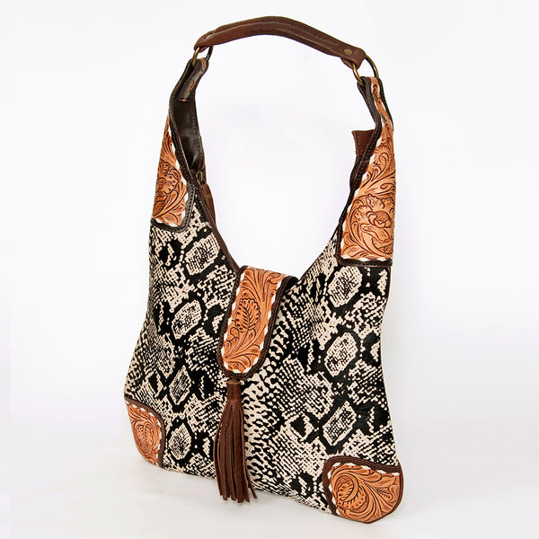 ADBGA237 American Darling Cowhide Patchwork & Tooled Leather Hobo Shoulder Bag Tassel Accent