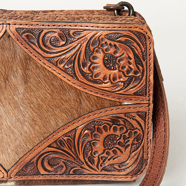 ADBG805 American Darling Hand Tooled Leather Crossbody with Floral Carving and Hair-On Cowhide