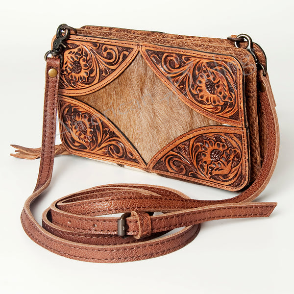 ADBG805 American Darling Hand Tooled Leather Crossbody with Floral Carving and Hair-On Cowhide