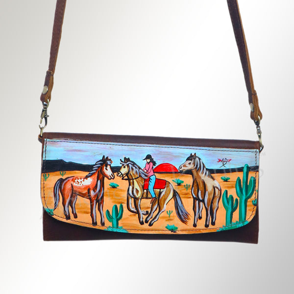 ADBGM112 Hand-Painted Leather Crossbody Clutch -Floral Western Design