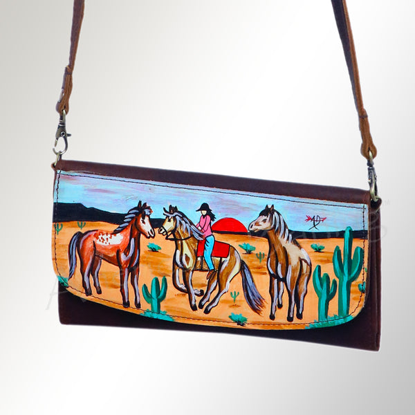 ADBGM112 Hand-Painted Leather Crossbody Clutch -Floral Western Design