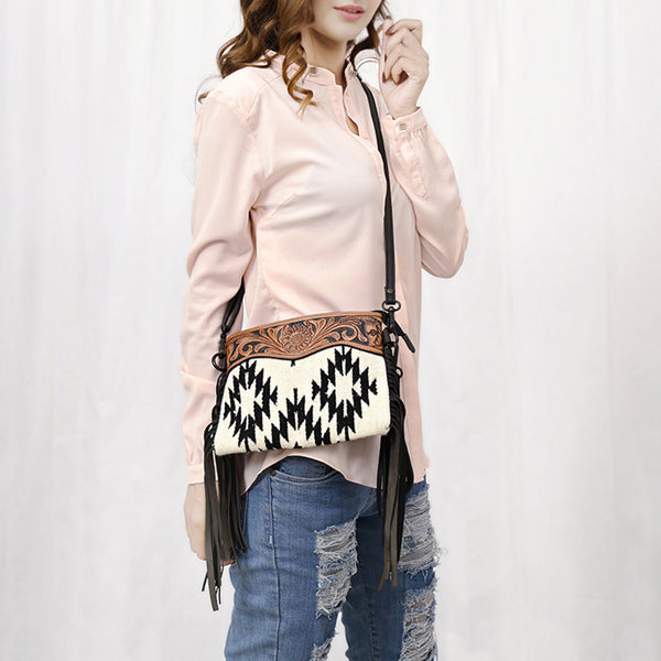 LC-ADBGZ183H Black & White Tribal Wool Crossbody Bag with Tooled Leather and Fringe - Western Purse