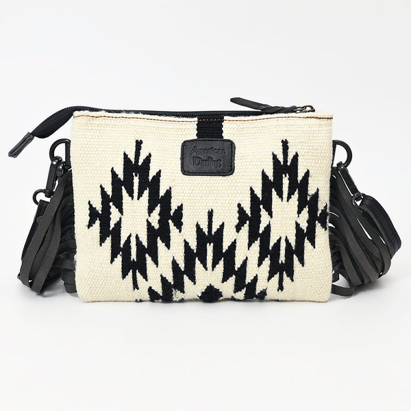 LC-ADBGZ183H Black & White Tribal Wool Crossbody Bag with Tooled Leather and Fringe - Western Purse
