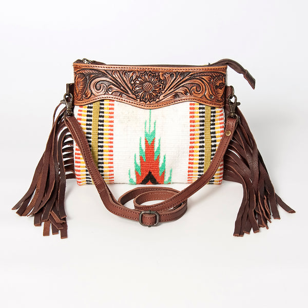 LC-ADBGZ183J Southwestern Flame Pattern Wool Crossbody Bag with Tooled Leather & Fringe - Western Purse