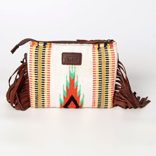 LC-ADBGZ183J Southwestern Flame Pattern Wool Crossbody Bag with Tooled Leather & Fringe - Western Purse