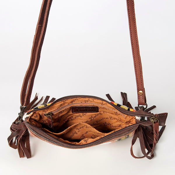 LC-ADBGZ183J Southwestern Flame Pattern Wool Crossbody Bag with Tooled Leather & Fringe - Western Purse