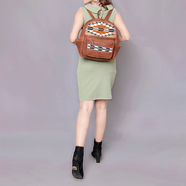 LC-ADBGZ214E Tan Leather Backpack with Aztec Wool Pattern - Southwestern Handmade Daypack